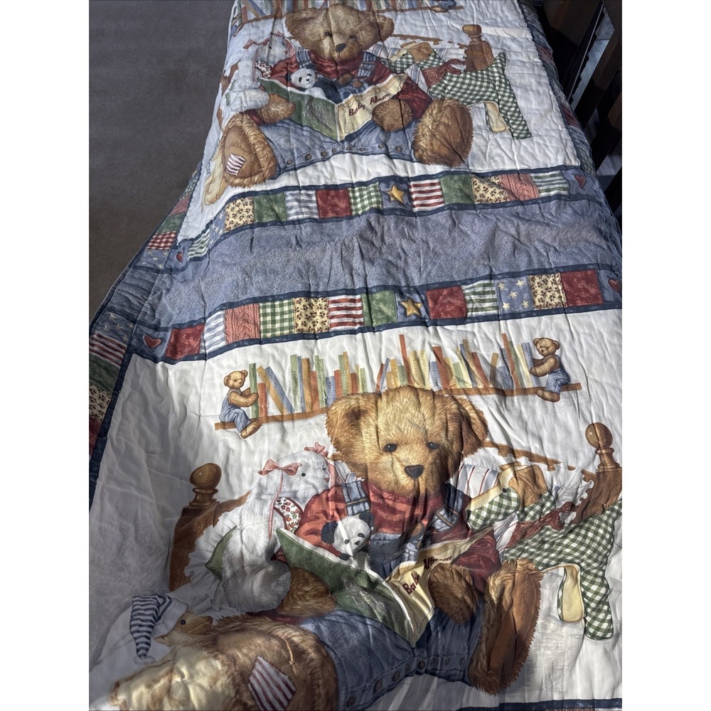Vintage Handmade Teddy Bear‎ Baby Quilt 5'x3' Satin Backing W/ Imperfections